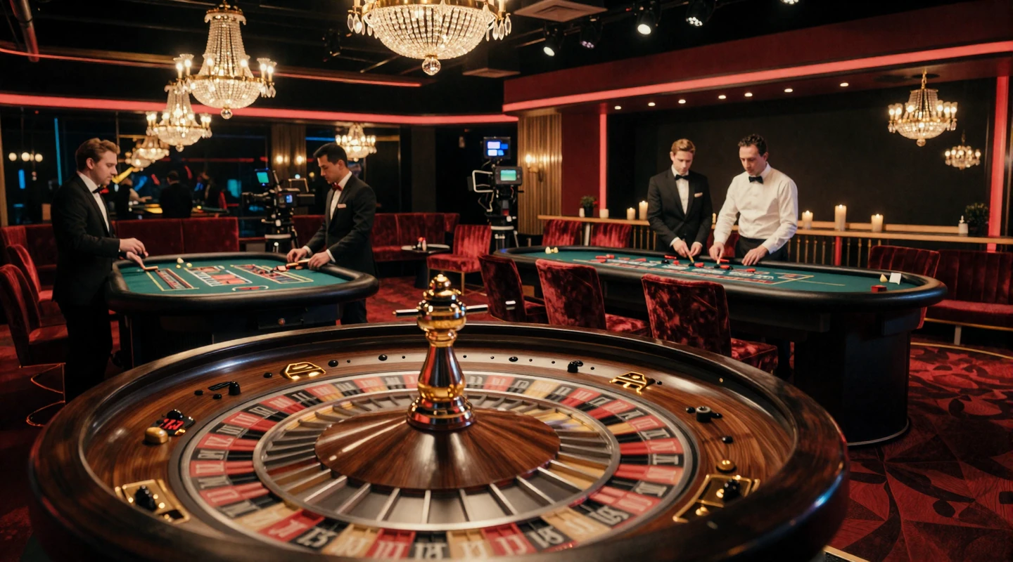 Dragonia Live Casino Studio mit professionellen Dealern an Roulette- und Blackjack-Tischen in Premium-Atmosph&auml;re