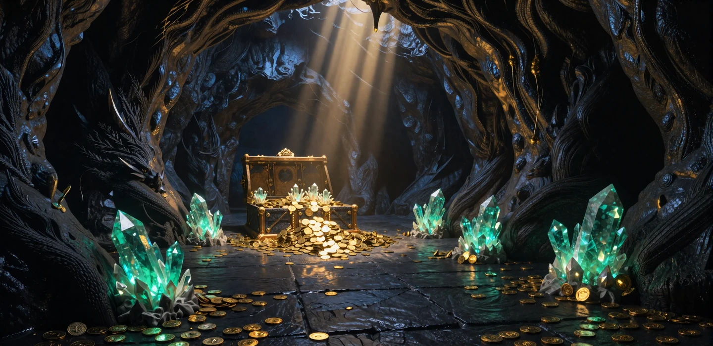 Dragonia Casino Erfahrungen - Drachenh&ouml;hle mit goldenem Schatz und Bewertungssymbolen